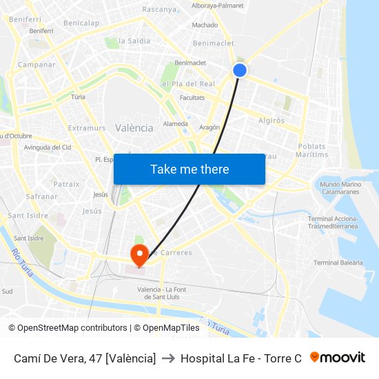 Camí De Vera, 47 [València] to Hospital La Fe - Torre C map