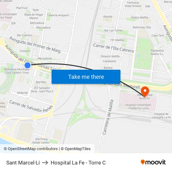 Sant Marcel·Lí to Hospital La Fe - Torre C map