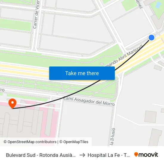 Bulevard Sud - Rotonda Ausiàs March to Hospital La Fe - Torre C map