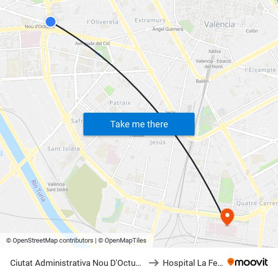 Ciutat Administrativa Nou D'Octubre - Lluís Lamarca to Hospital La Fe - Torre C map