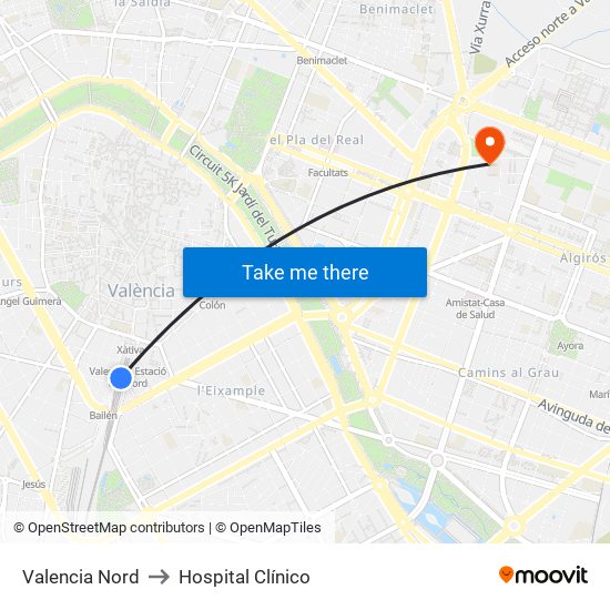 Valencia Nord to Hospital Clínico map