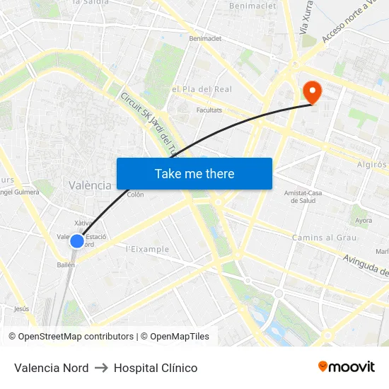 Valencia Nord to Hospital Clínico map
