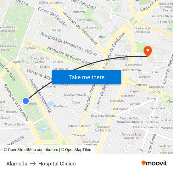Alameda to Hospital Clínico map
