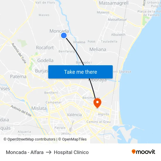 Moncada - Alfara to Hospital Clínico map