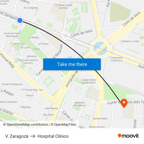 V. Zaragozá to Hospital Clínico map