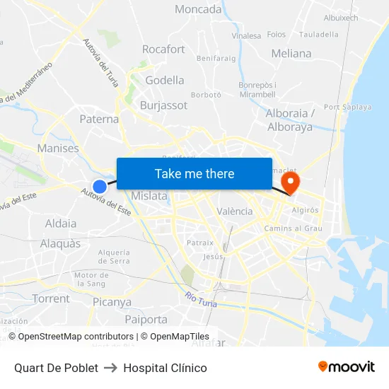 Quart De Poblet to Hospital Clínico map