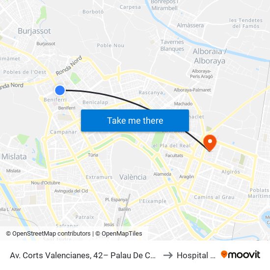 Av. Corts Valencianes, 42– Palau De Congressos [València] to Hospital Clínico map