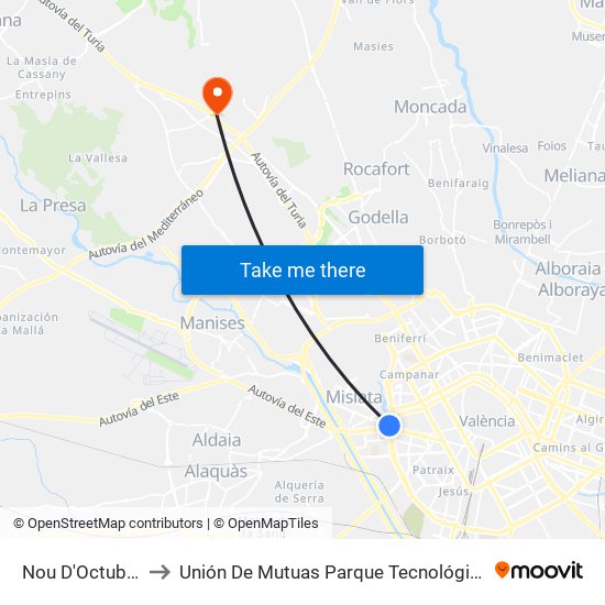 Nou D'Octubre to Unión De Mutuas Parque Tecnológico map