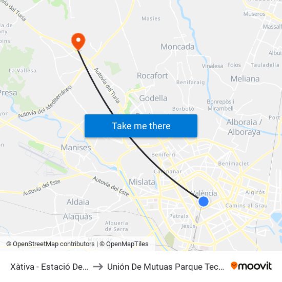 Xàtiva - Estació Del Nord to Unión De Mutuas Parque Tecnológico map