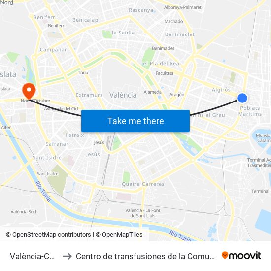 València-Cabanyal to Centro de transfusiones de la Comunidad Valenciana map