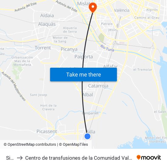 Silla to Centro de transfusiones de la Comunidad Valenciana map