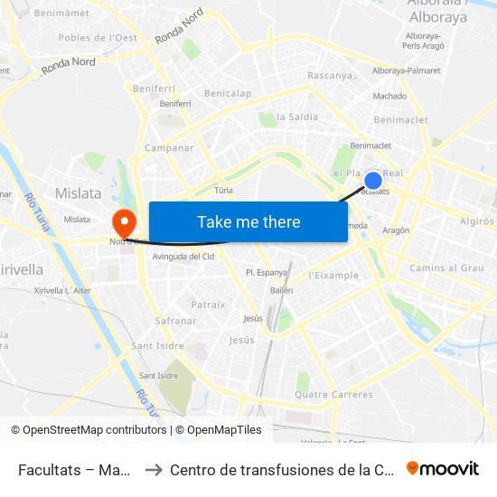 Facultats – Manuel Broseta to Centro de transfusiones de la Comunidad Valenciana map
