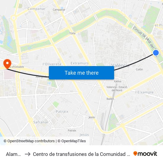 Alameda to Centro de transfusiones de la Comunidad Valenciana map