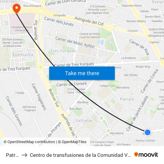 Patraix to Centro de transfusiones de la Comunidad Valenciana map