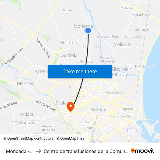 Moncada - Alfara to Centro de transfusiones de la Comunidad Valenciana map