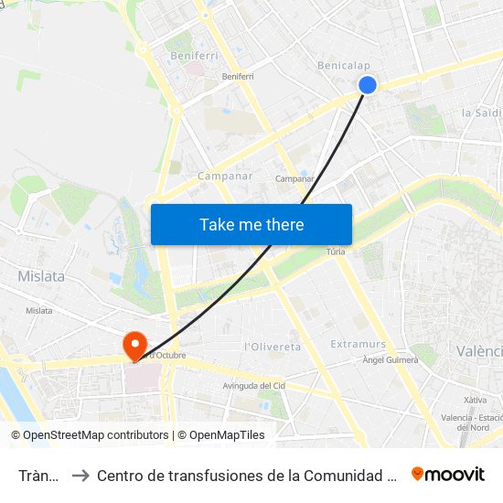 Trànsits to Centro de transfusiones de la Comunidad Valenciana map