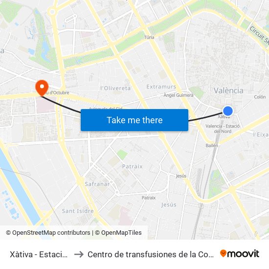 Xàtiva - Estació Del Nord to Centro de transfusiones de la Comunidad Valenciana map