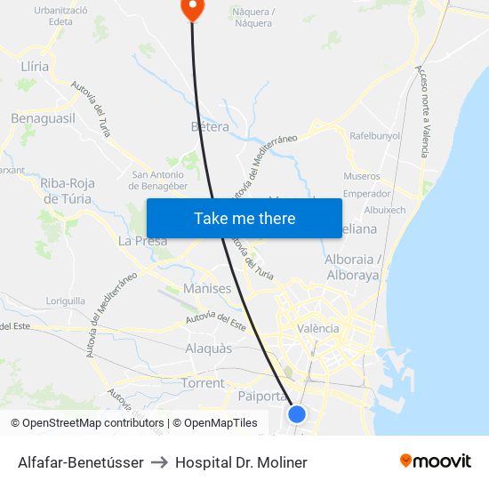 Alfafar-Benetússer to Hospital Dr. Moliner map