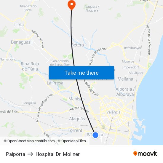 Paiporta to Hospital Dr. Moliner map