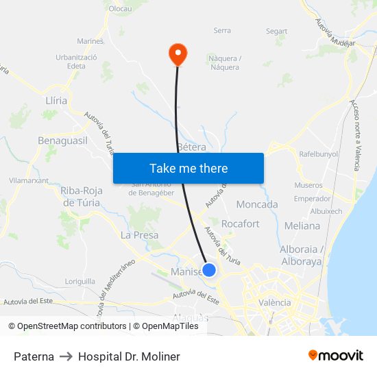 Paterna to Hospital Dr. Moliner map