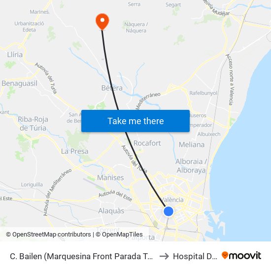 C. Bailen (Marquesina Front Parada Taxis) Estació Ave [València] to Hospital Dr. Moliner map