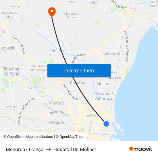 Menorca - França to Hospital Dr. Moliner map