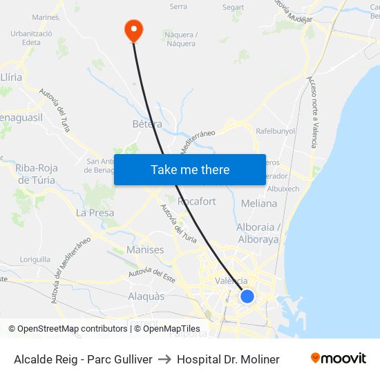 Alcalde Reig - Parc Gulliver to Hospital Dr. Moliner map