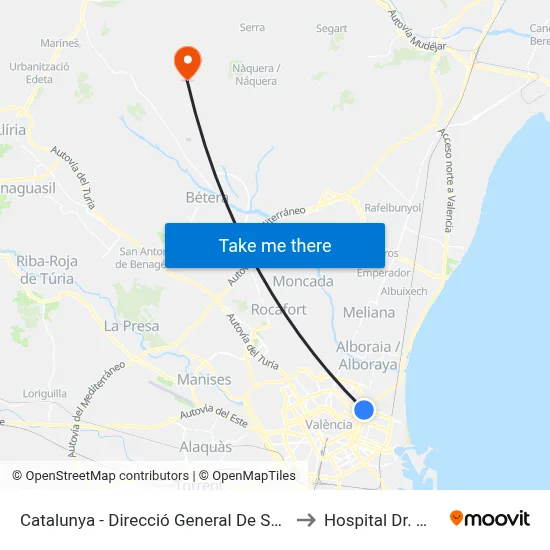Catalunya - Direcció General De Salut Pública to Hospital Dr. Moliner map