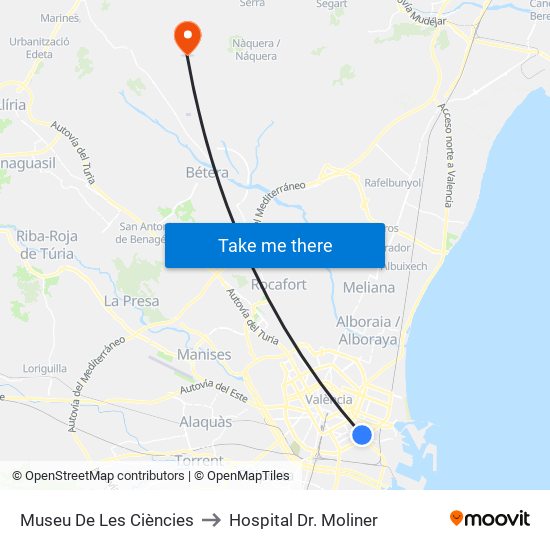 Museu De Les Ciències to Hospital Dr. Moliner map