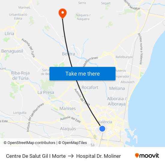 Centre De Salut Gil I Morte to Hospital Dr. Moliner map