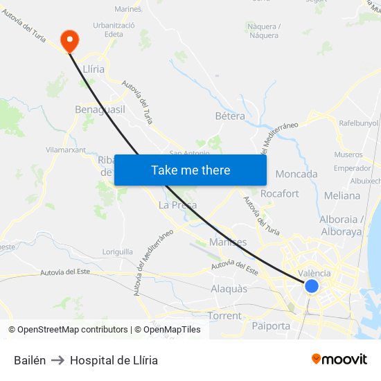 Bailén to Hospital de Llíria map