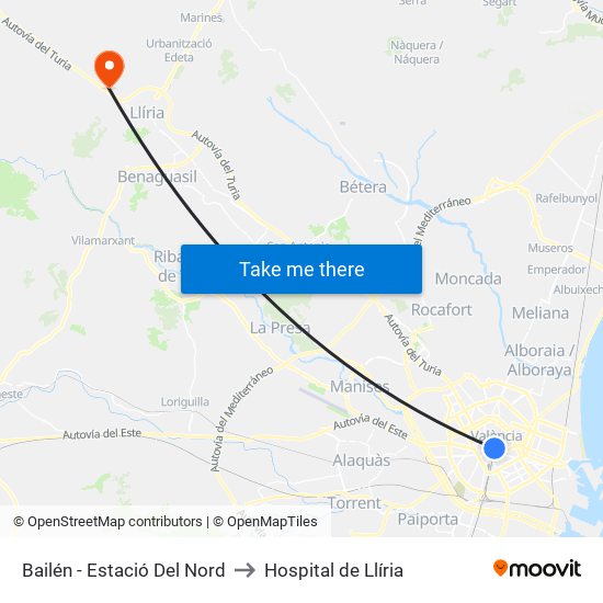 Bailén - Estació Del Nord to Hospital de Llíria map