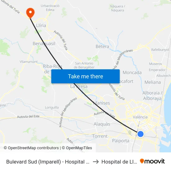 Bulevard Sud (Imparell) - Hospital La Fe to Hospital de Llíria map