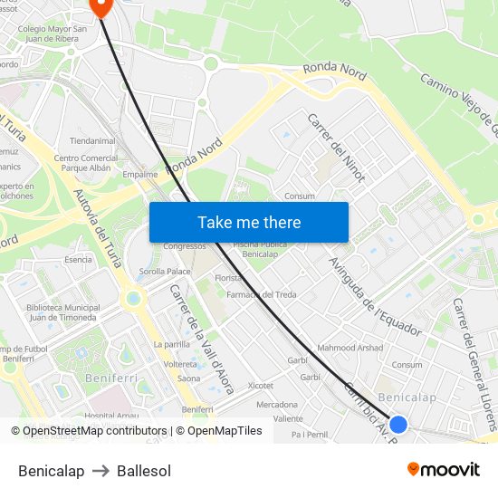 Benicalap to Ballesol map