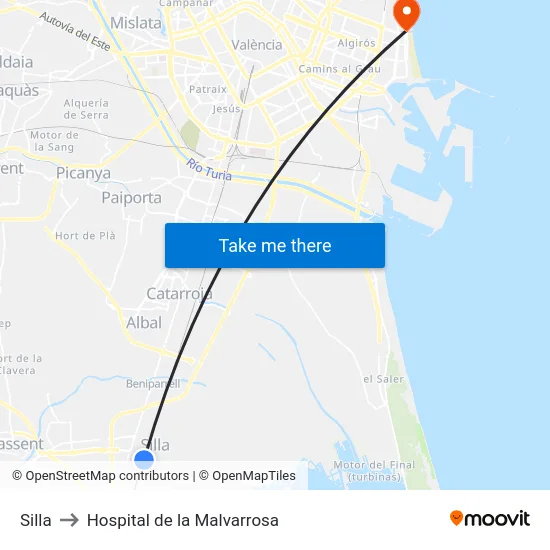 Silla to Hospital de la Malvarrosa map