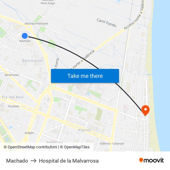 Machado to Hospital de la Malvarrosa map