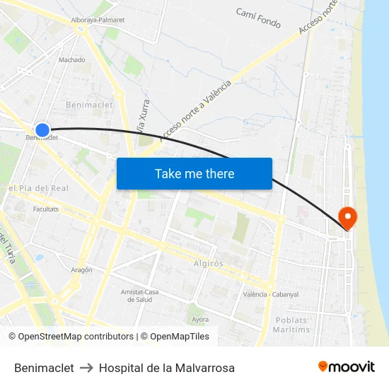 Benimaclet to Hospital de la Malvarrosa map