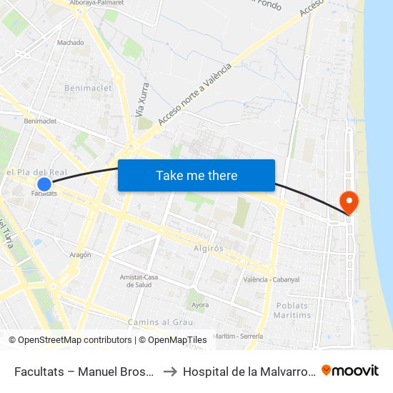Facultats – Manuel Broseta to Hospital de la Malvarrosa map