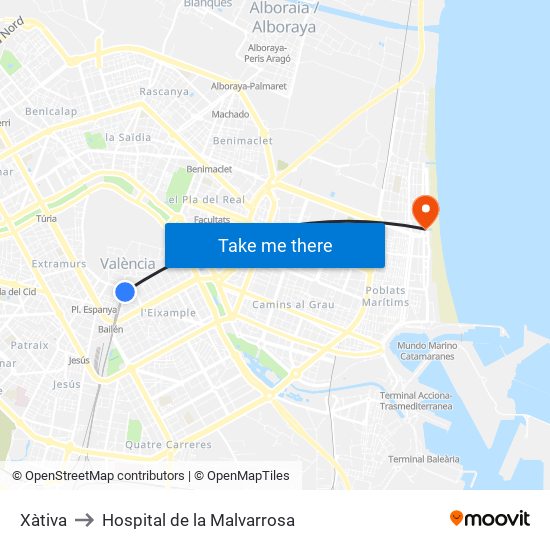 Xàtiva to Hospital de la Malvarrosa map