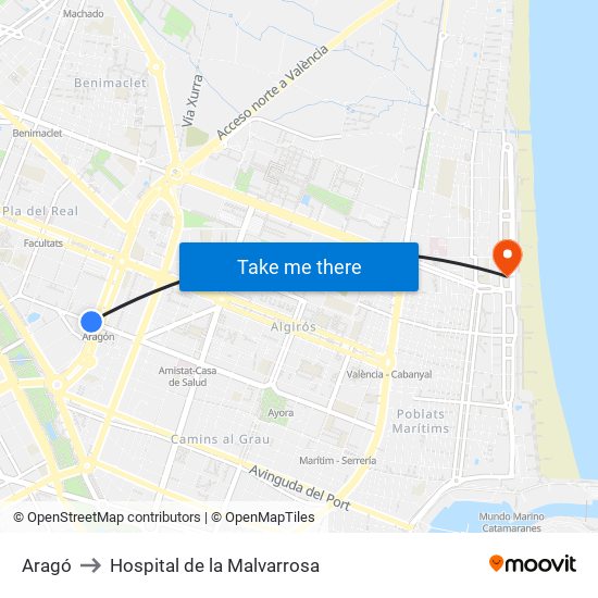 Aragó to Hospital de la Malvarrosa map