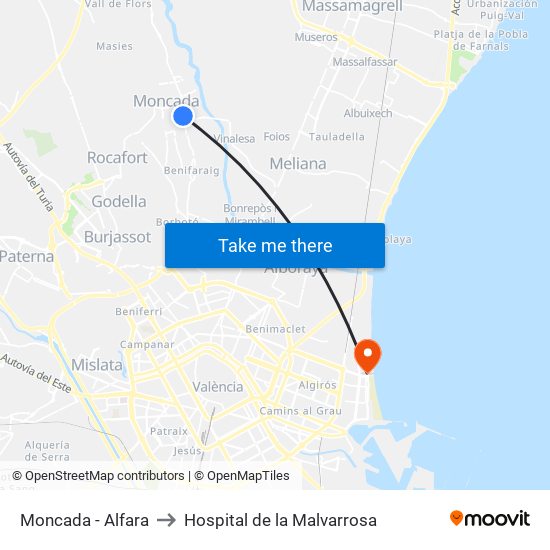 Moncada - Alfara to Hospital de la Malvarrosa map