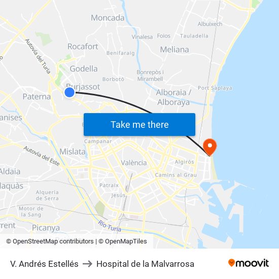 V. Andrés Estellés to Hospital de la Malvarrosa map