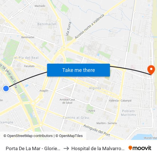 Porta De La Mar - Glorieta to Hospital de la Malvarrosa map