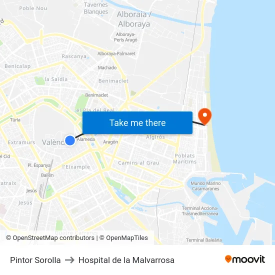 Pintor Sorolla to Hospital de la Malvarrosa map