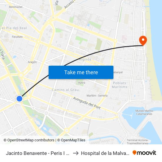 Jacinto Benavente - Peris I Valero to Hospital de la Malvarrosa map