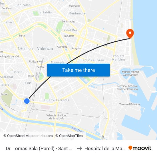 Doctor Tomás Sala (Parell) - Sant Vicent Màrtir to Hospital de la Malvarrosa map