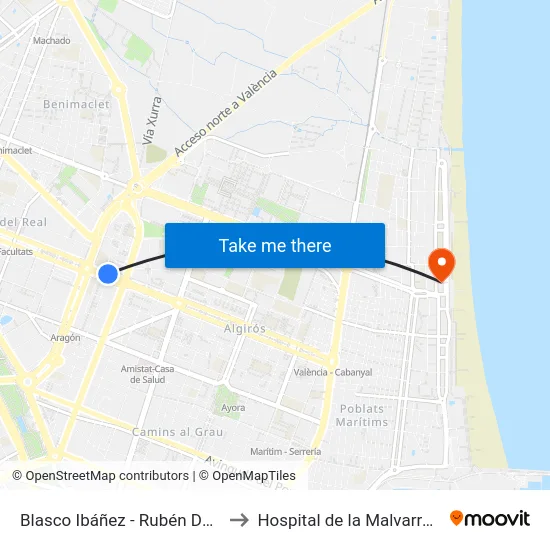 Blasco Ibáñez - Rubén Darío to Hospital de la Malvarrosa map