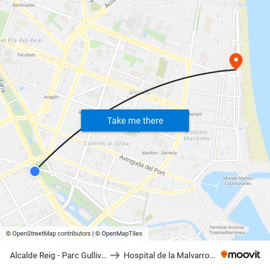 Alcalde Reig - Parc Gulliver to Hospital de la Malvarrosa map