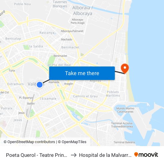 Poeta Querol - Teatre Principal to Hospital de la Malvarrosa map