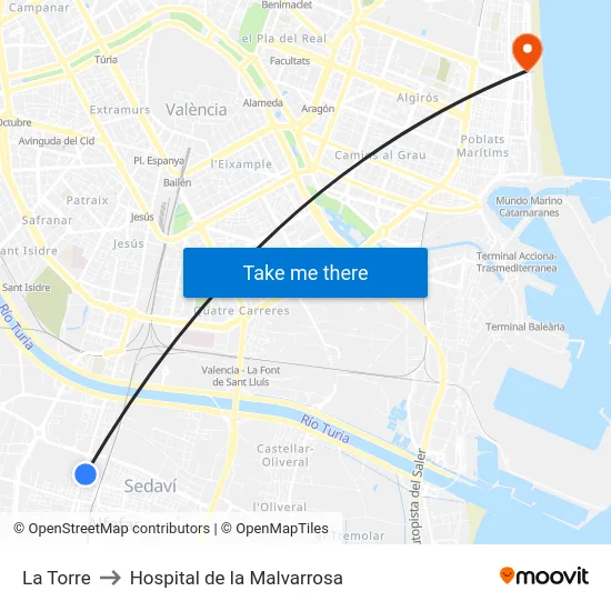 La Torre to Hospital de la Malvarrosa map